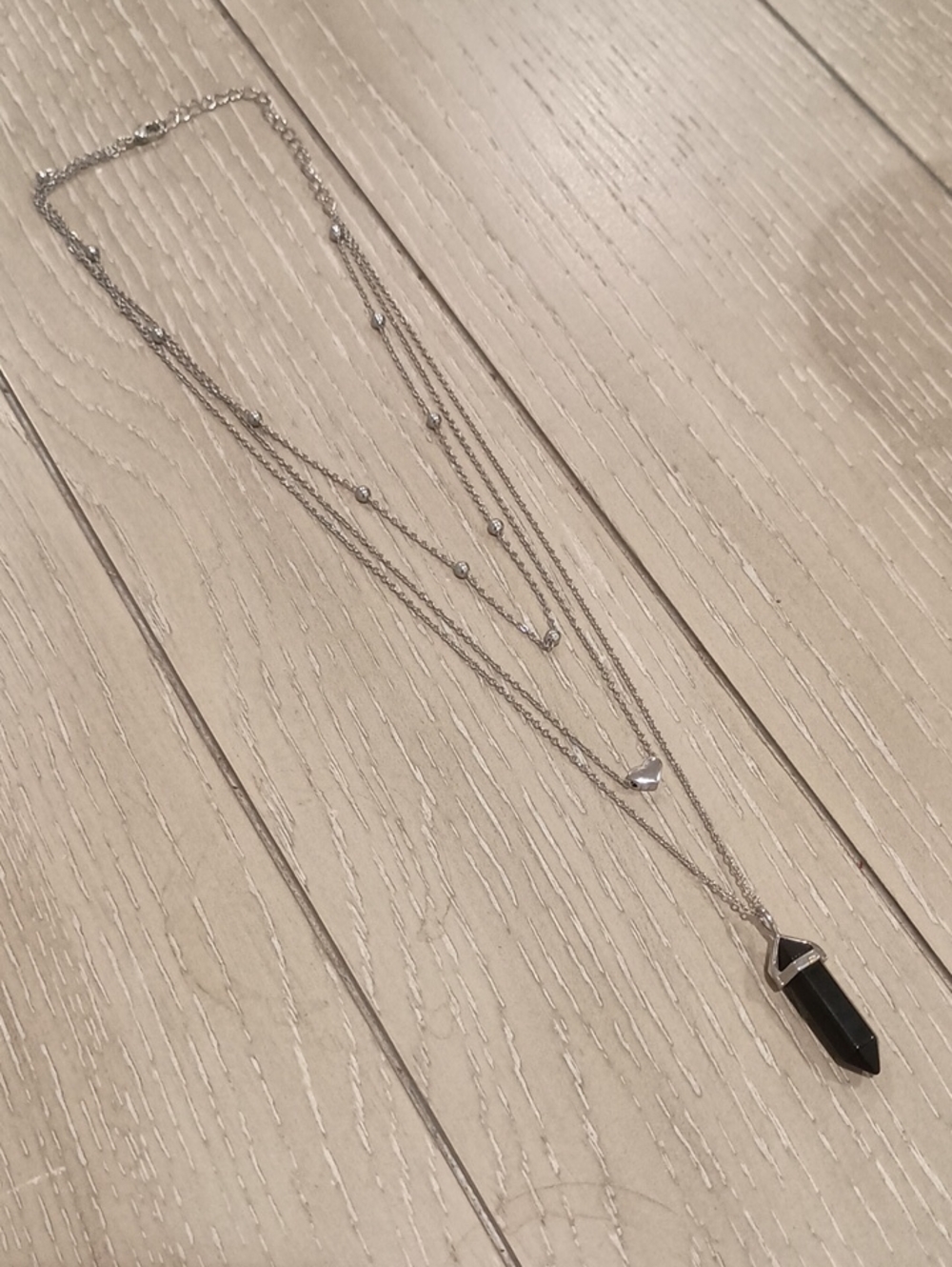 Silver Multi-Layer Necklace with Black Pendant